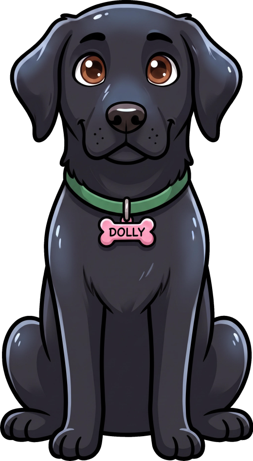 Dolly, the DogHouse mascot (a black lab)